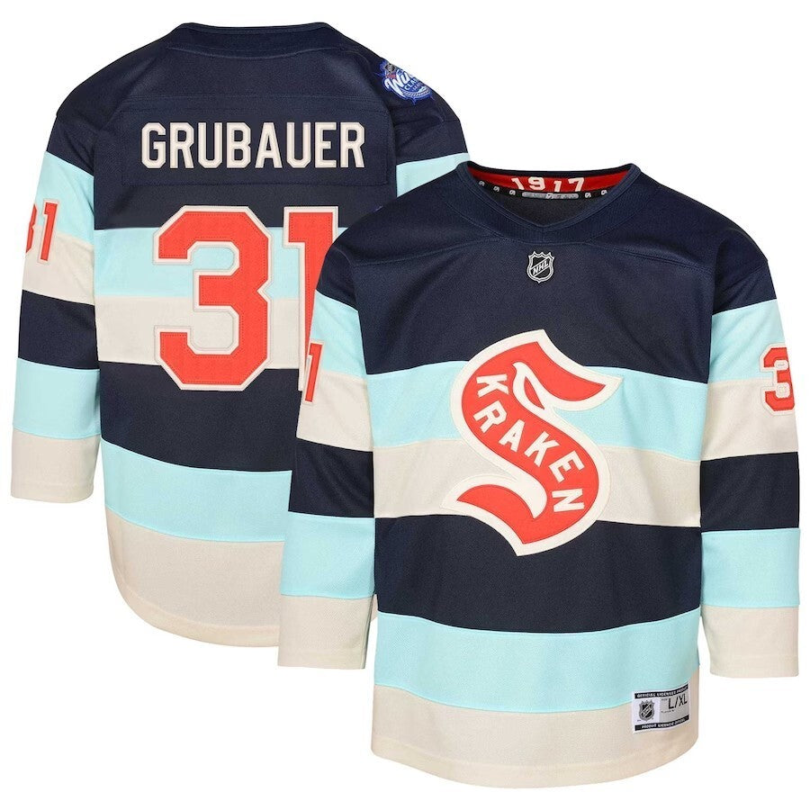 Youth Seattle Kraken #31 Philipp Grubauer 2024 NHL Winter Classic Premier Player Jersey - Deep Sea Blue