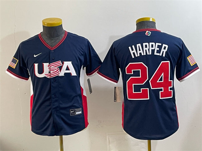Youth USA Baseball #24 Bryce Harper Navy 2026 World Baseball Classic Stadium