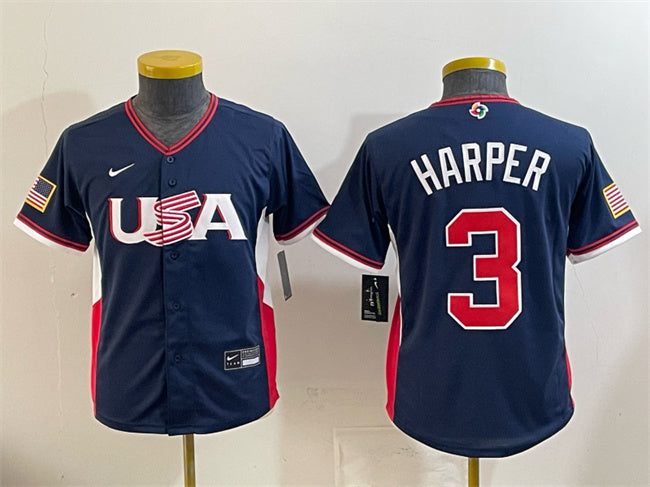 Youth USA Baseball #3 Bryce Harper Navy 2026 World Baseball Classic Stadium