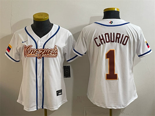 Youth Venezuela Baseball #1 Jackson Chourio White 2026 World Baseball Classic Home