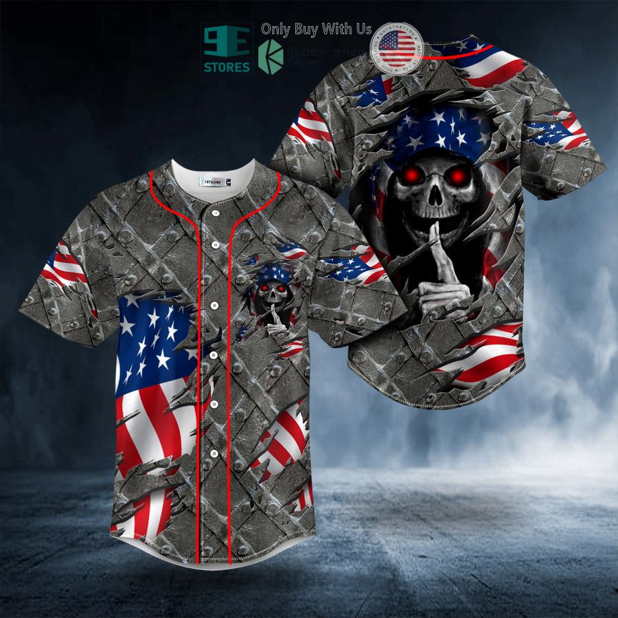 BEST American Flag Grim Reaper Shh Red Eyes Skull Baseball Shirt