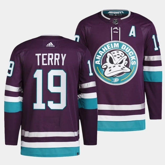 anaheim ducks #19 troy terry 2023-24 30th anniversary purple jersey