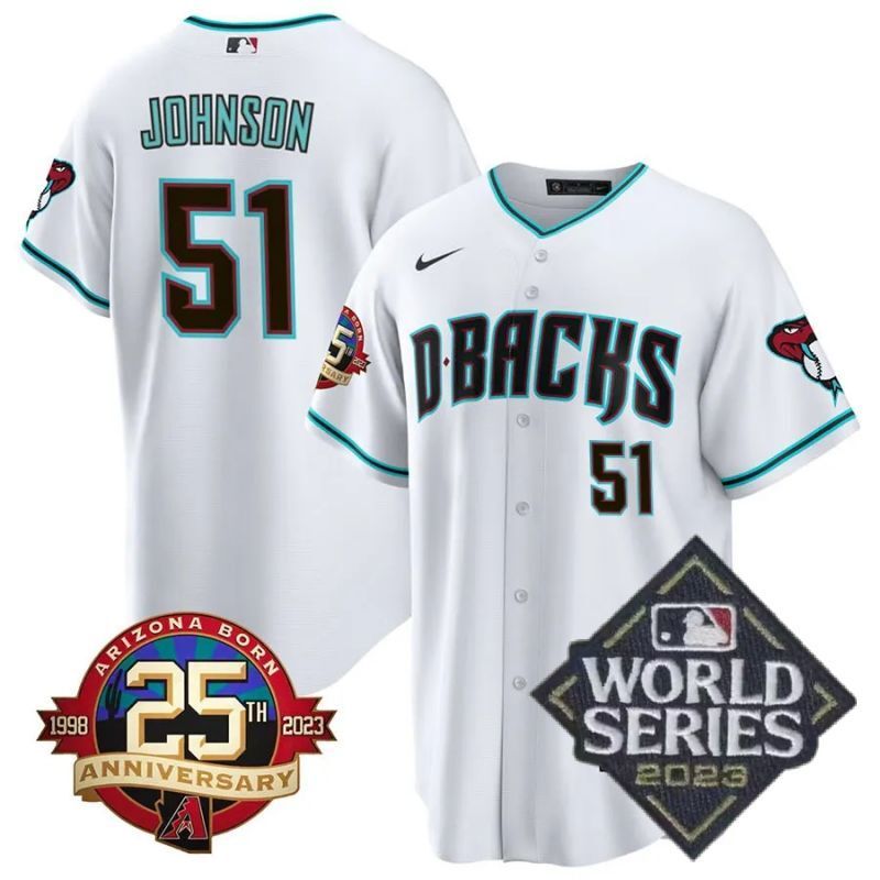 arizona diamondbacks #51 randy johnson 25th anniversary patch cool base collection jersey – white alternate