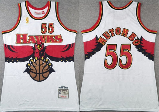 atlanta hawks #55 dikembe mutombo white 1996-97 throwback swingman