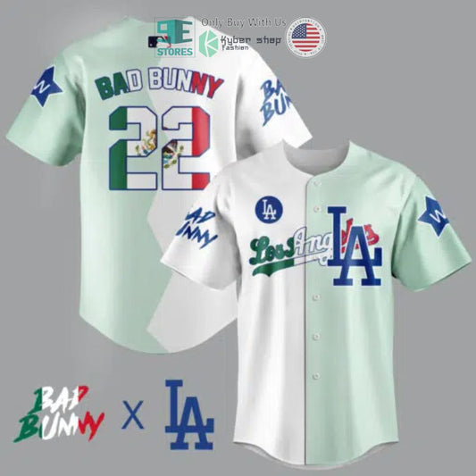 BEST Bad Bunny 22 Mexico Flag Los Angeles Dodgers Baseball Jersey