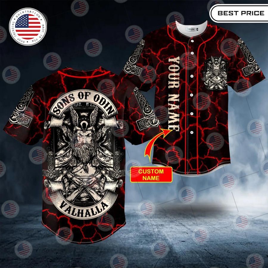BEST Son of Odin Valhalla Viking Odin Fantasy Red Lightning Custom Baseball Jersey