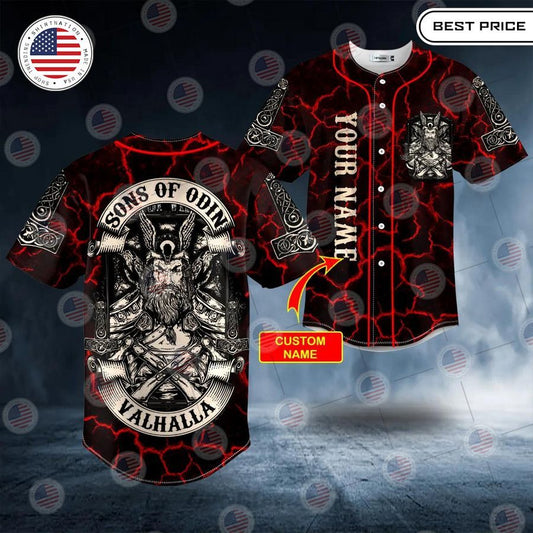 BEST Son of Odin Valhalla Viking Odin Fantasy Red Lightning Custom Baseball Jersey