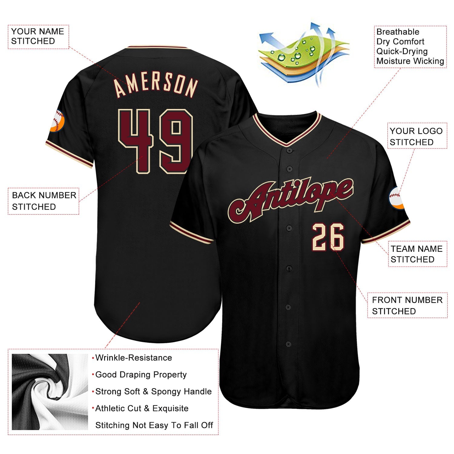 Custom Black Crimson-City Cream Authentic Baseball Jersey
