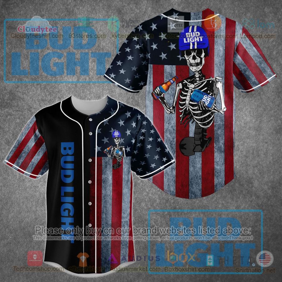 HOT Bud Light Skeleton United States Flag Baseball Jersey Shirt