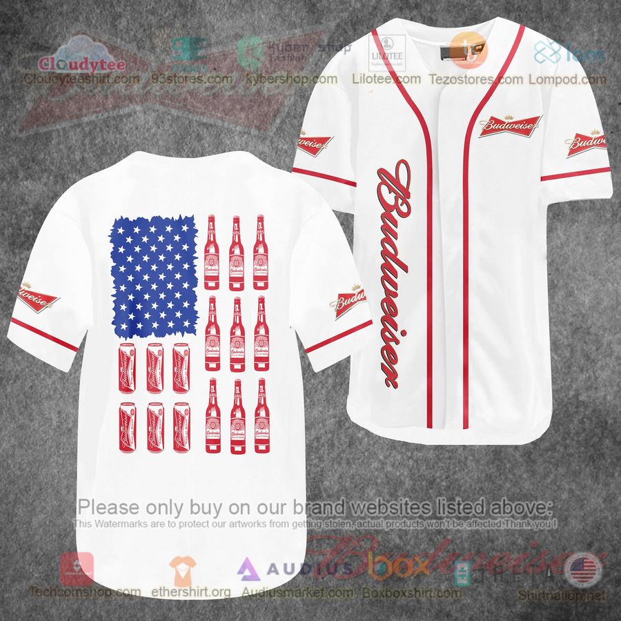 HOT Budweiser United States Flag White Baseball Jersey Shirt