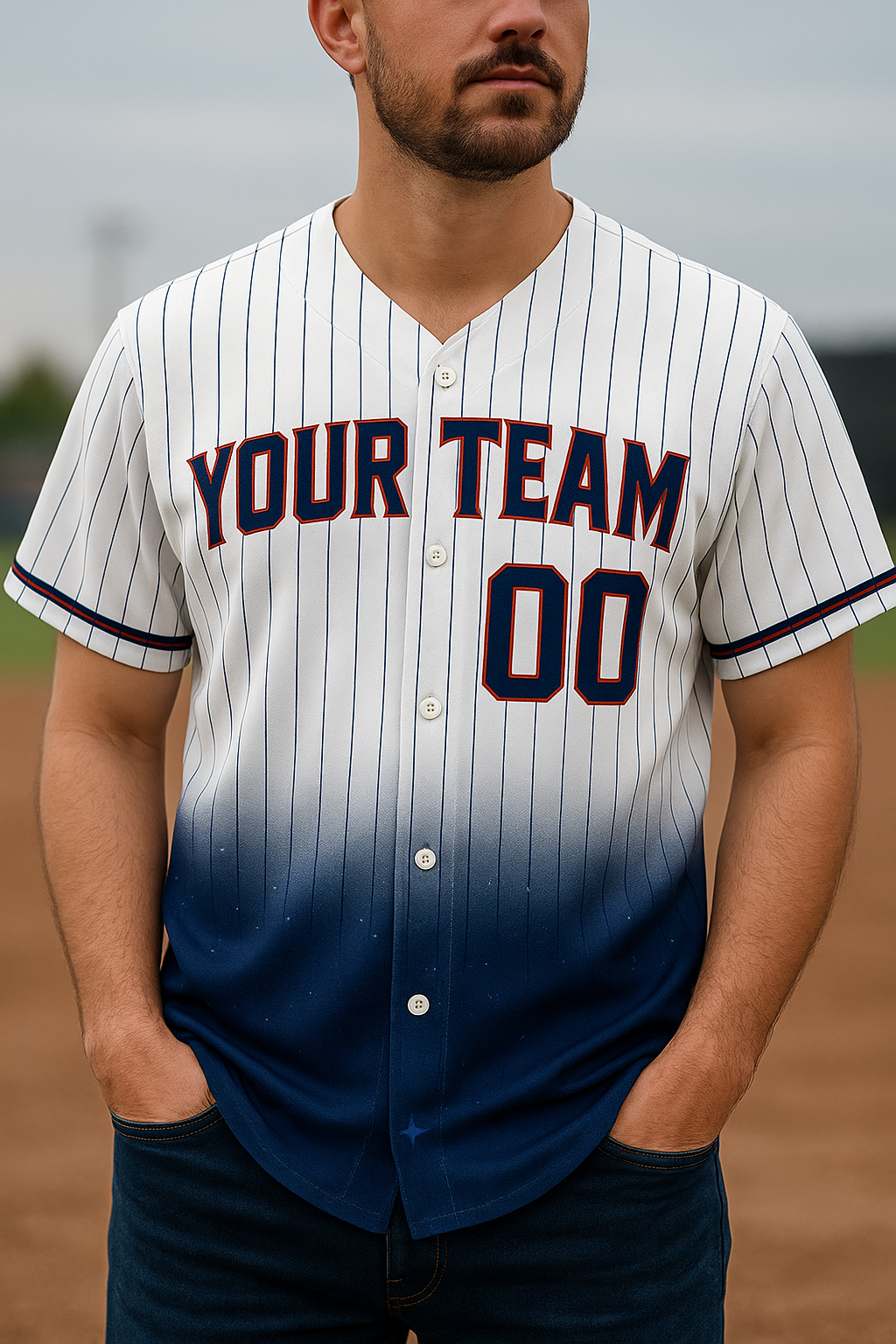 Custom Baseball Jersey – October Sky Gradient Edition White & Navy Pinstripes