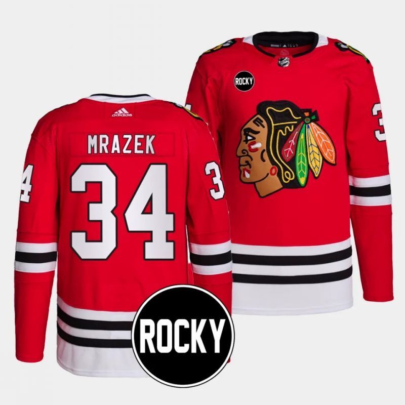 chicago blackhawks #34 petr mrazek 2023-24 authentic home red rocky patch jersey