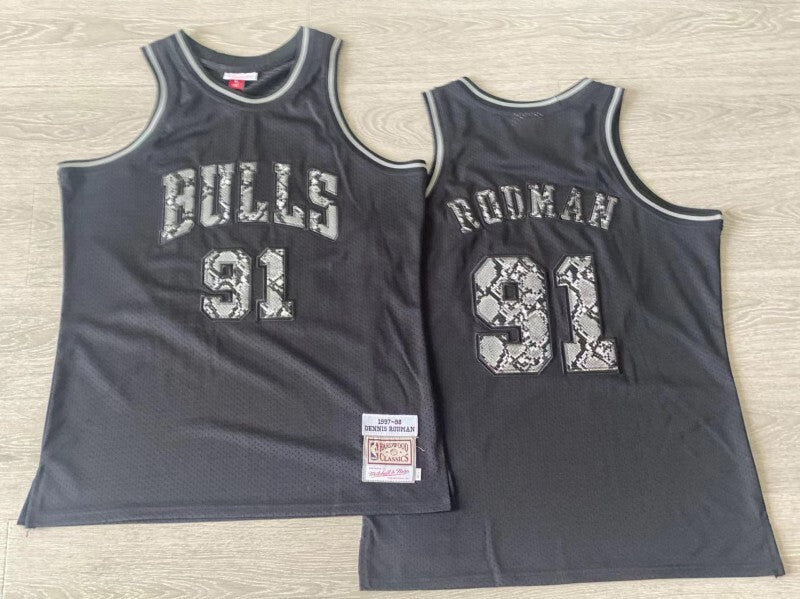 chicago bulls #91 dennis rodman 1997-98 leather snakeskin Bulls 91 # Rodman 97-98 Black Embroidered Jersey Style 3