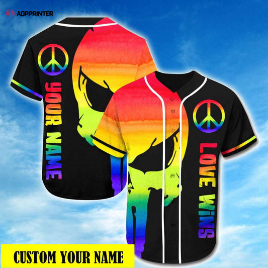 Colorful Custom Name LGBT Pride Skull Baseball Jersey Love Wins Adult Unisex S-5XL