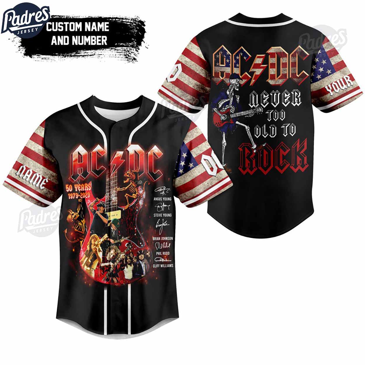 ACDC Never Too Old To Rock USA Custom Baseball Jersey - Padres Jersey Oasis: Elevate Your Baseball Style Game T-Shirts,...