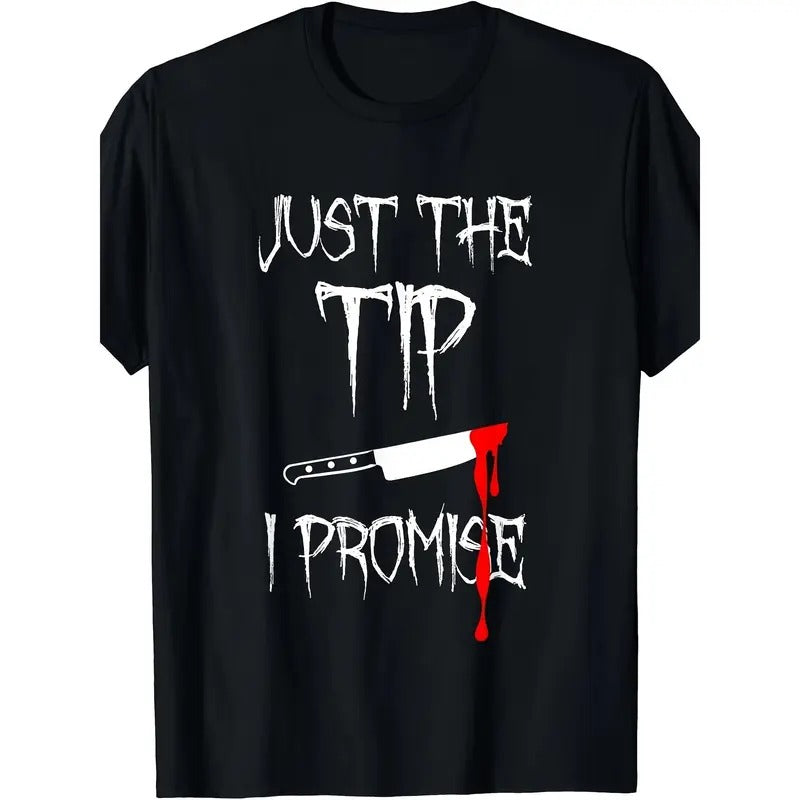 cotton T-shirt, just lick, I guarantee | funny bloody Halloween knife, niche design printing, quality breathable...