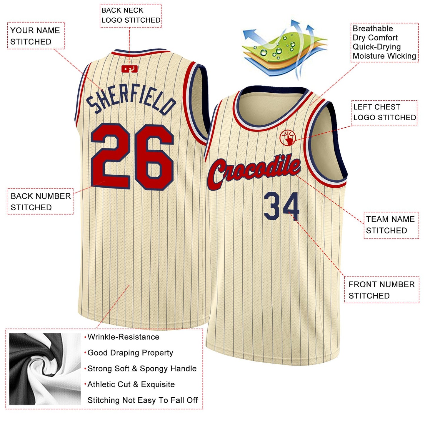 Custom Cream Navy Pinstripe Red-Black Authentic Basketball Jersey T-Shirts, Hoodie, Sweatshirt | WearSparks.com (Image 2)