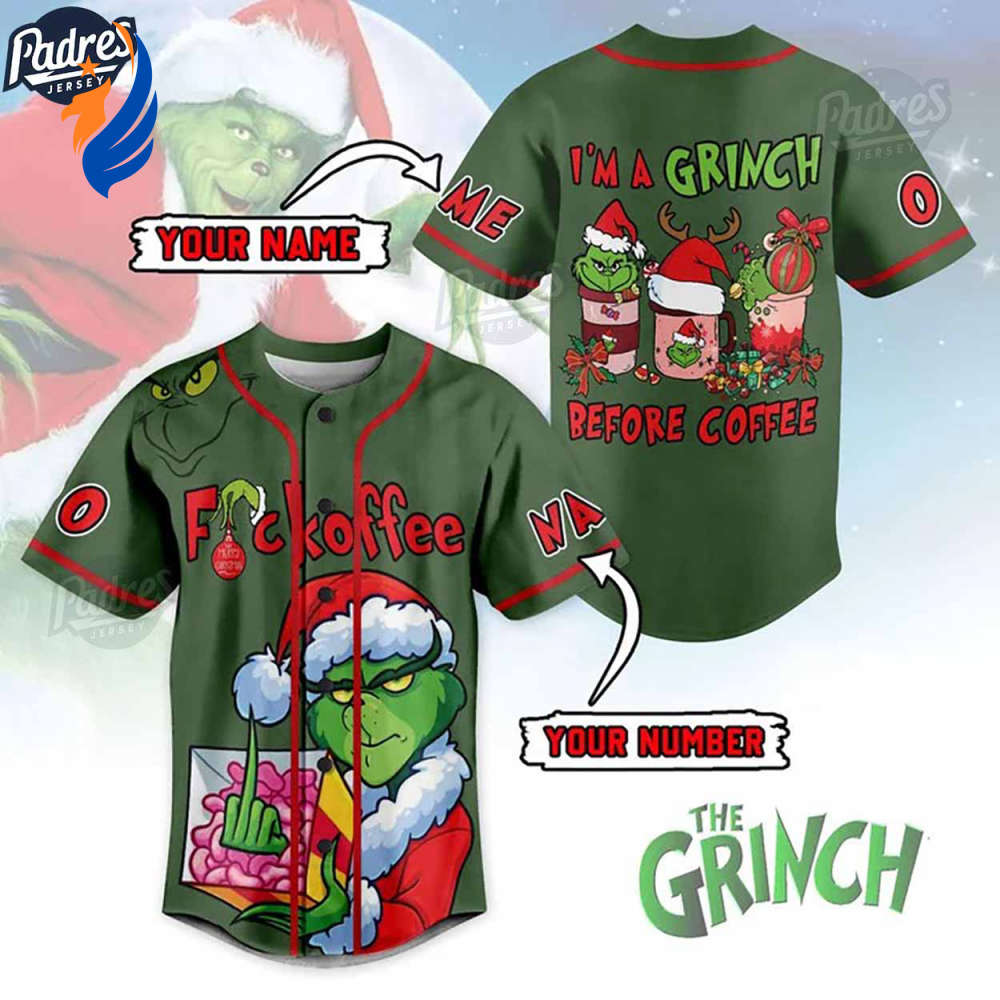 Custom Fuckoffe I’m A Grinch Before Coffee Baseball Jersey - Bafud T-Shirts, Hoodie, Sweatshirt | WearSparks.com (Image 1)