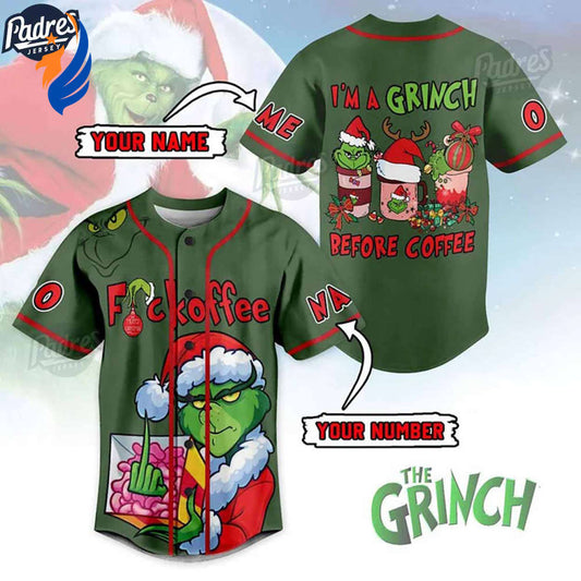 Custom Fuckoffe I’m A Grinch Before Coffee Baseball Jersey - Bafud T-Shirts, Hoodie, Sweatshirt | WearSparks.com (Image 1)