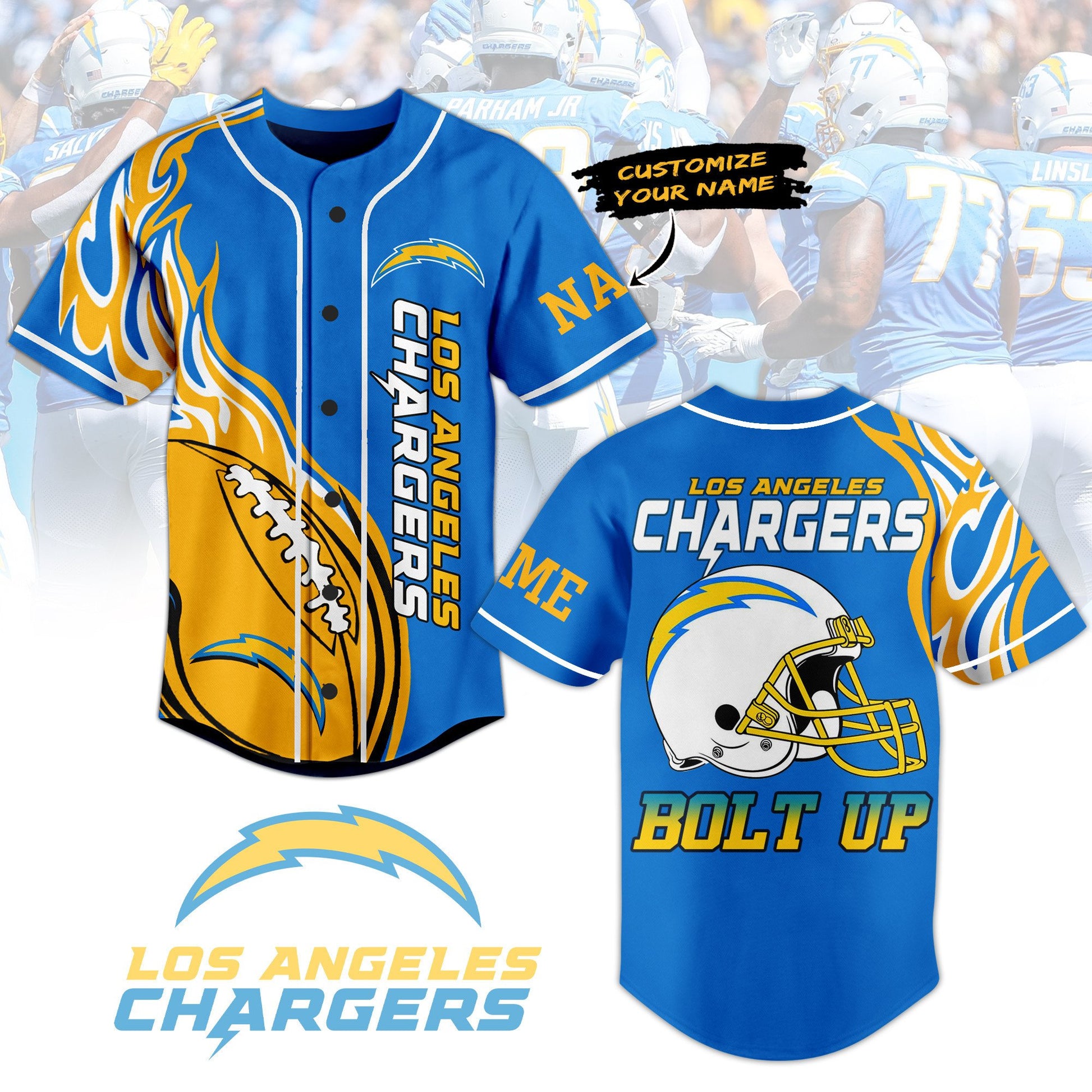 Custom Los Angeles Chargers Bolt Up Blue Baseball Jersey Fast Shipping Worldwide T-Shirts, Hoodie, Sweatshirt (Image 1)