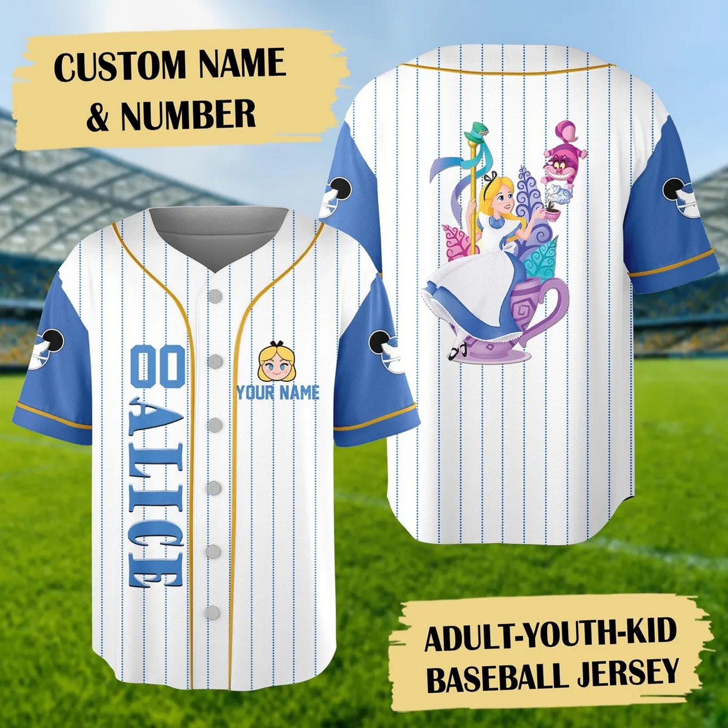 Custom Name And Number Alice The Wonderland White Blue Baseball Jersey T-Shirts, Hoodie, Sweatshirt (Image 1)
