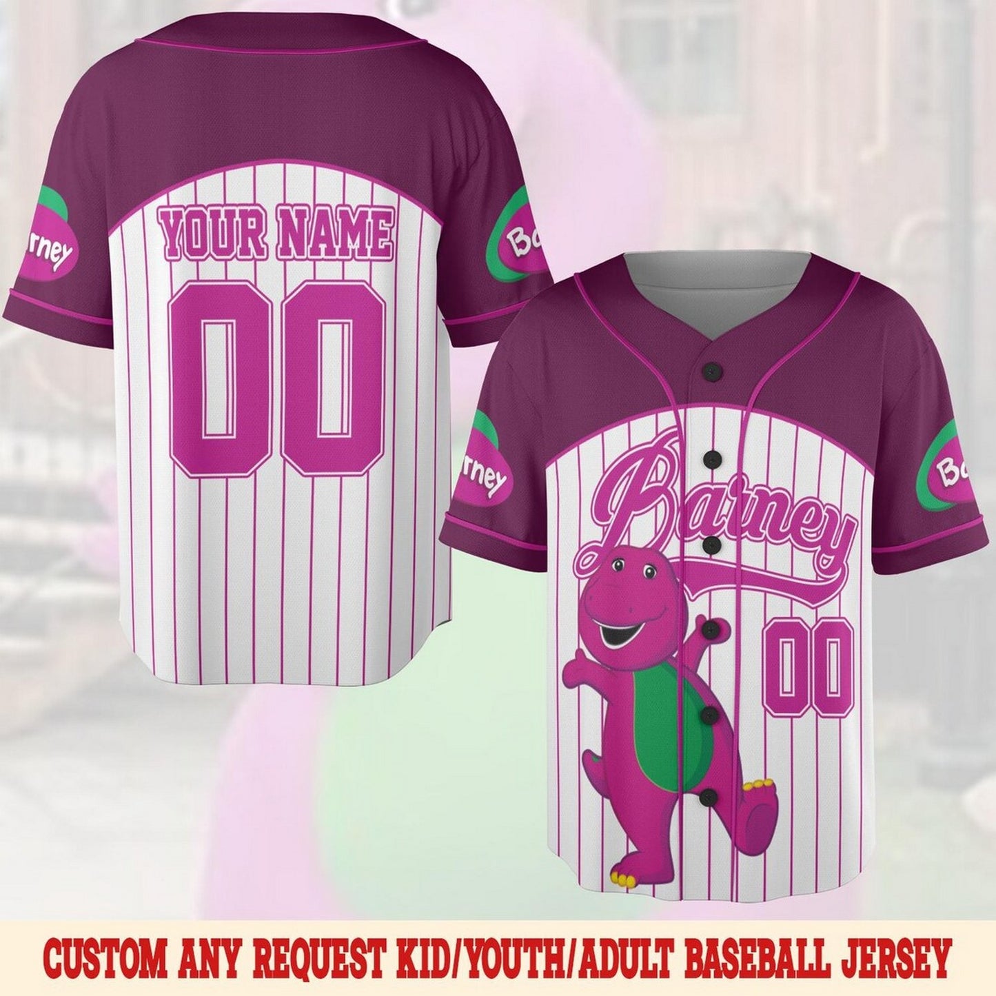 Custom Name And Number Barney And Friends White Puple Baseball Jersey T-Shirts, Hoodie, Sweatshirt | WearSparks.com (Image 1)