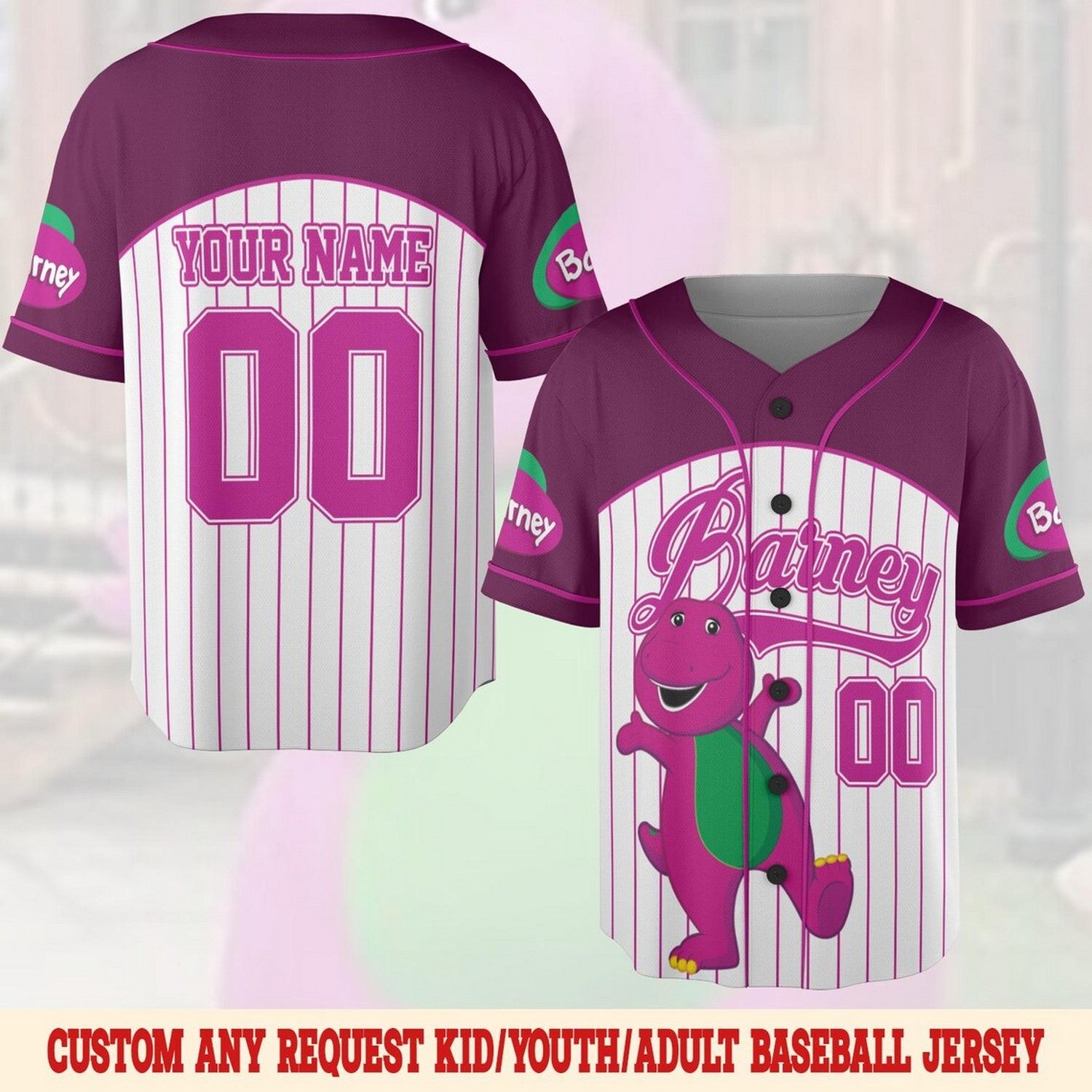 Custom Name And Number Barney And Friends White Puple Baseball Jersey T-Shirts, Hoodie, Sweatshirt | WearSparks.com (Image 1)