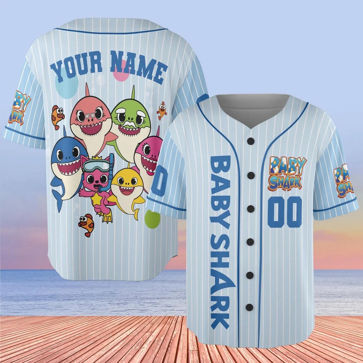 Custom Name And Number Cute Baby Shark Blue Baseball Jersey T-Shirts, Hoodie, Sweatshirt | WearSparks.com (Image 1)