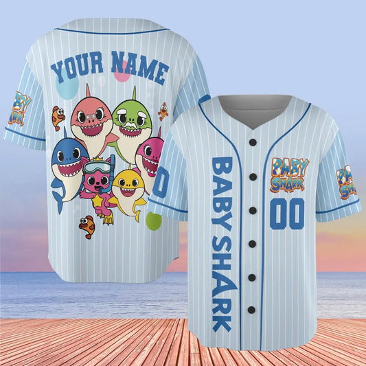 Custom Name And Number Cute Baby Shark Blue Baseball Jersey T-Shirts, Hoodie, Sweatshirt | WearSparks.com (Image 1)