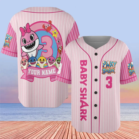 Custom Name And Number Cute Baby Shark Pink Baseball Jersey T-Shirts, Hoodie, Sweatshirt | WearSparks.com (Image 1)