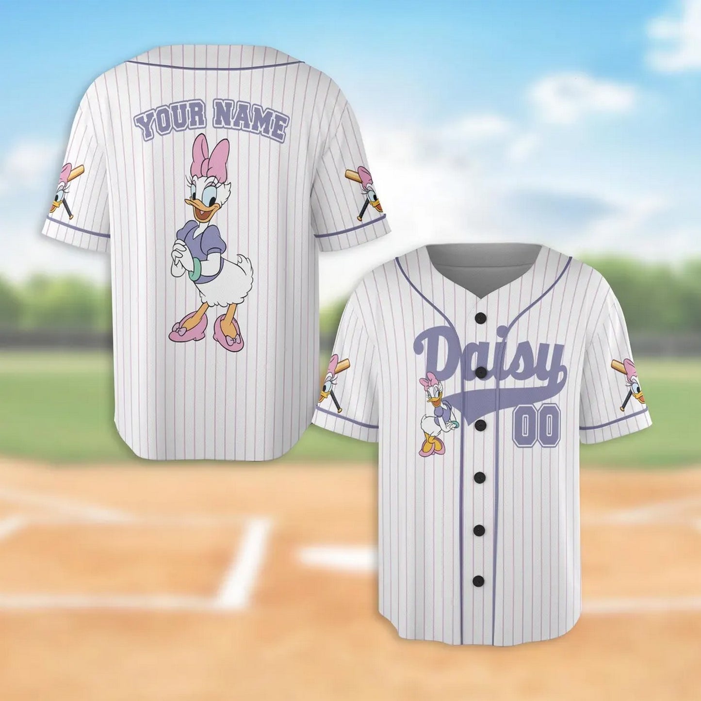 Custom Name And Number Cute Daisy Duck White Baseball Jersey T-Shirts, Hoodie, Sweatshirt | WearSparks.com (Image 1)
