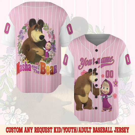 Custom Name And Number Cute Masha And The Bear Baseball Jersey T-Shirts, Hoodie, Sweatshirt | WearSparks.com (Image 1)