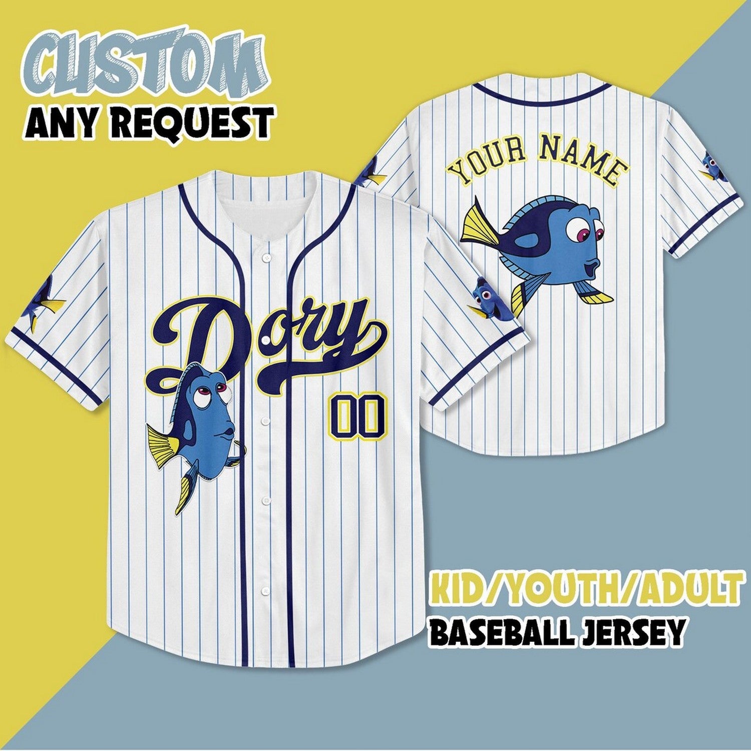 Custom Name And Number Finding Dory Strpied White Baseball Jersey T-Shirts, Hoodie, Sweatshirt | WearSparks.com (Image 2)
