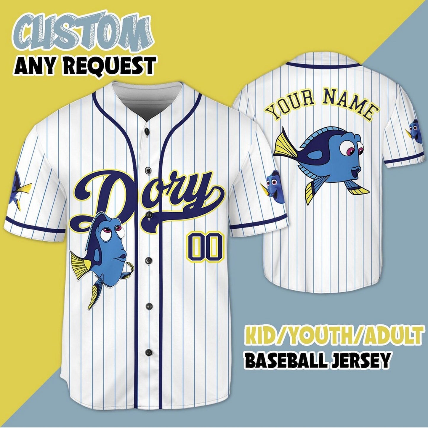 Custom Name And Number Finding Dory Strpied White Baseball Jersey T-Shirts, Hoodie, Sweatshirt | WearSparks.com (Image 1)