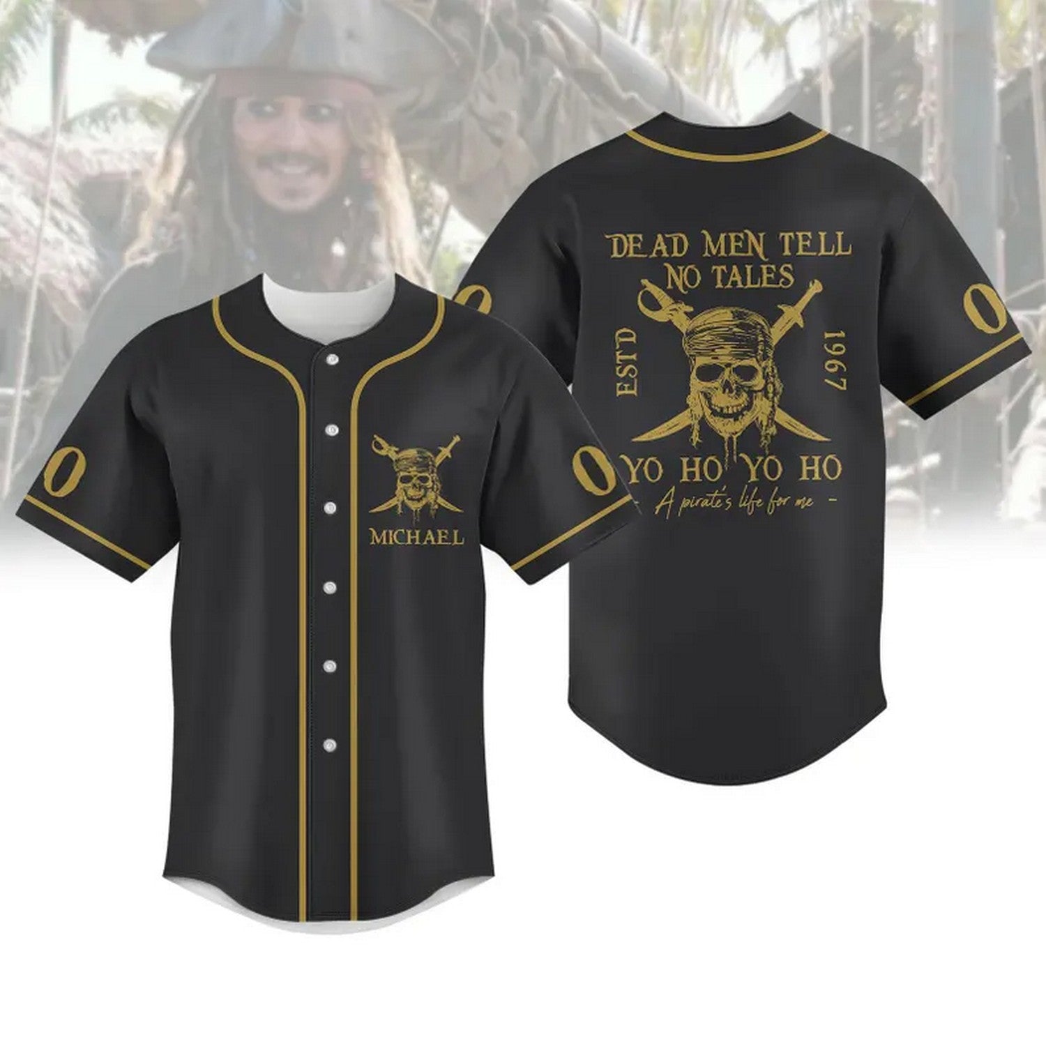 Custom Name And Number Pirates Of The Caribbean Dead Men Tell No Tales Black Baseball Jersey T-Shirts, Hoodie,... (Image 1)