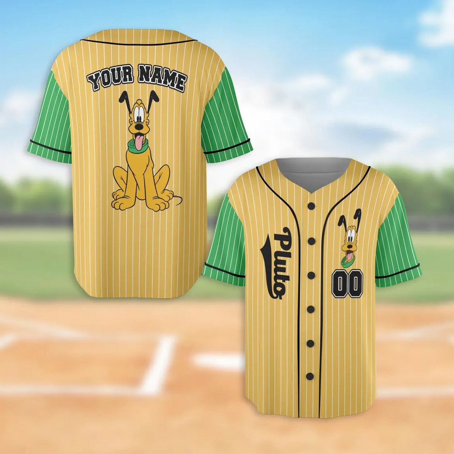 Custom Name And Number Pluto Dog Green Yellow Baseball Jersey T-Shirts, Hoodie, Sweatshirt | WearSparks.com (Image 1)