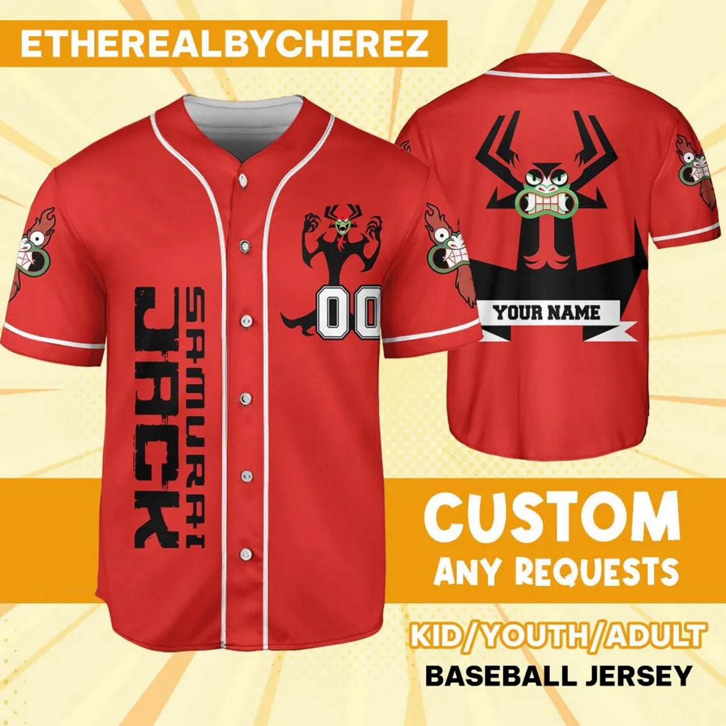 Custom Name And Number Samurai Jack Aku Red Baseball Jersey T-Shirts, Hoodie, Sweatshirt | WearSparks.com (Image 1)