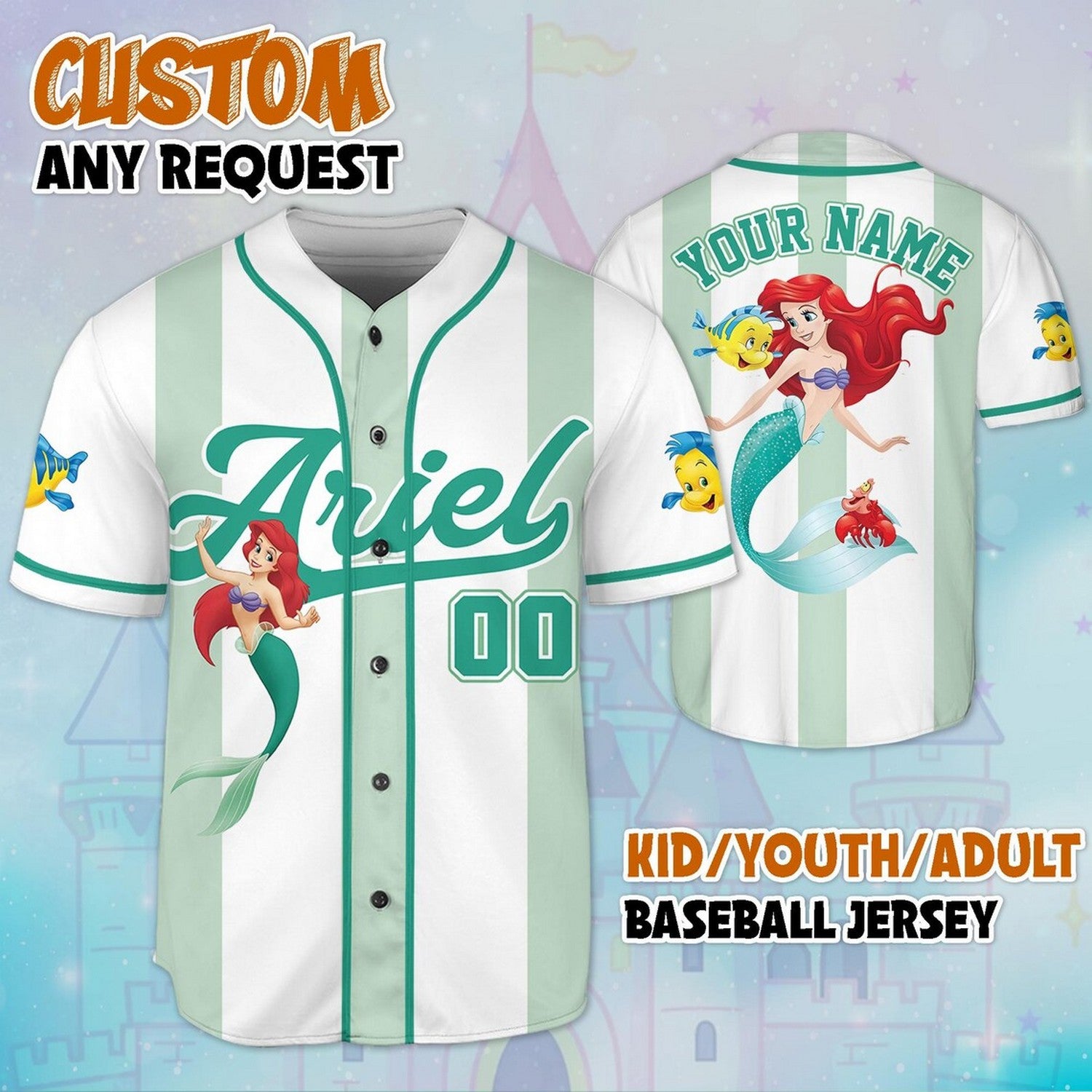 Custom Name And Number The Little Mermaid Princess Ariel Cartoon Green White Baseball Jersey T-Shirts, Hoodie,... (Image 1)