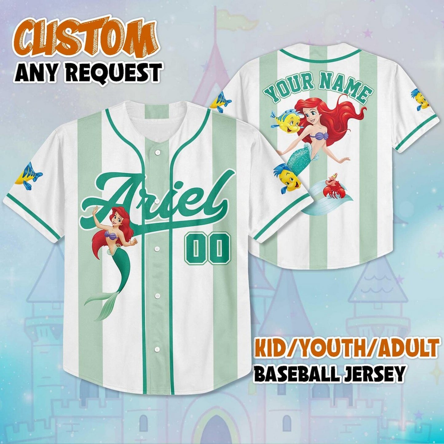 Custom Name And Number The Little Mermaid Princess Ariel Cartoon Green White Baseball Jersey T-Shirts, Hoodie,... (Image 2)