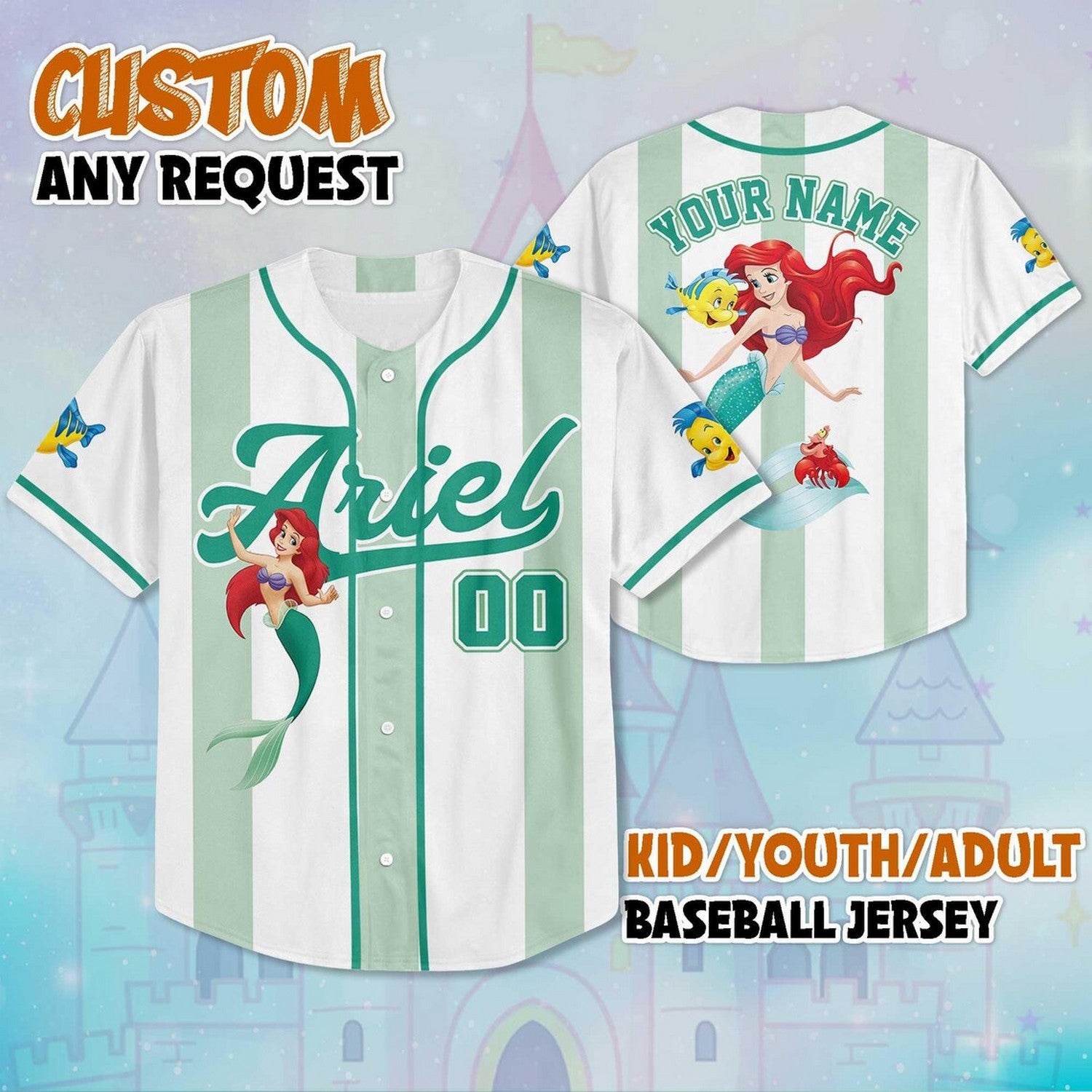 Custom Name And Number The Little Mermaid Princess Ariel Cartoon Green White Baseball Jersey T-Shirts, Hoodie,... (Image 2)
