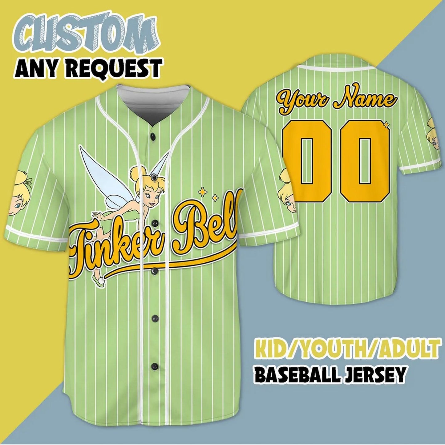 Custom Name And Number Tinker Bell Green Vertical Baseball Jersey T-Shirts, Hoodie, Sweatshirt | WearSparks.com (Image 1)