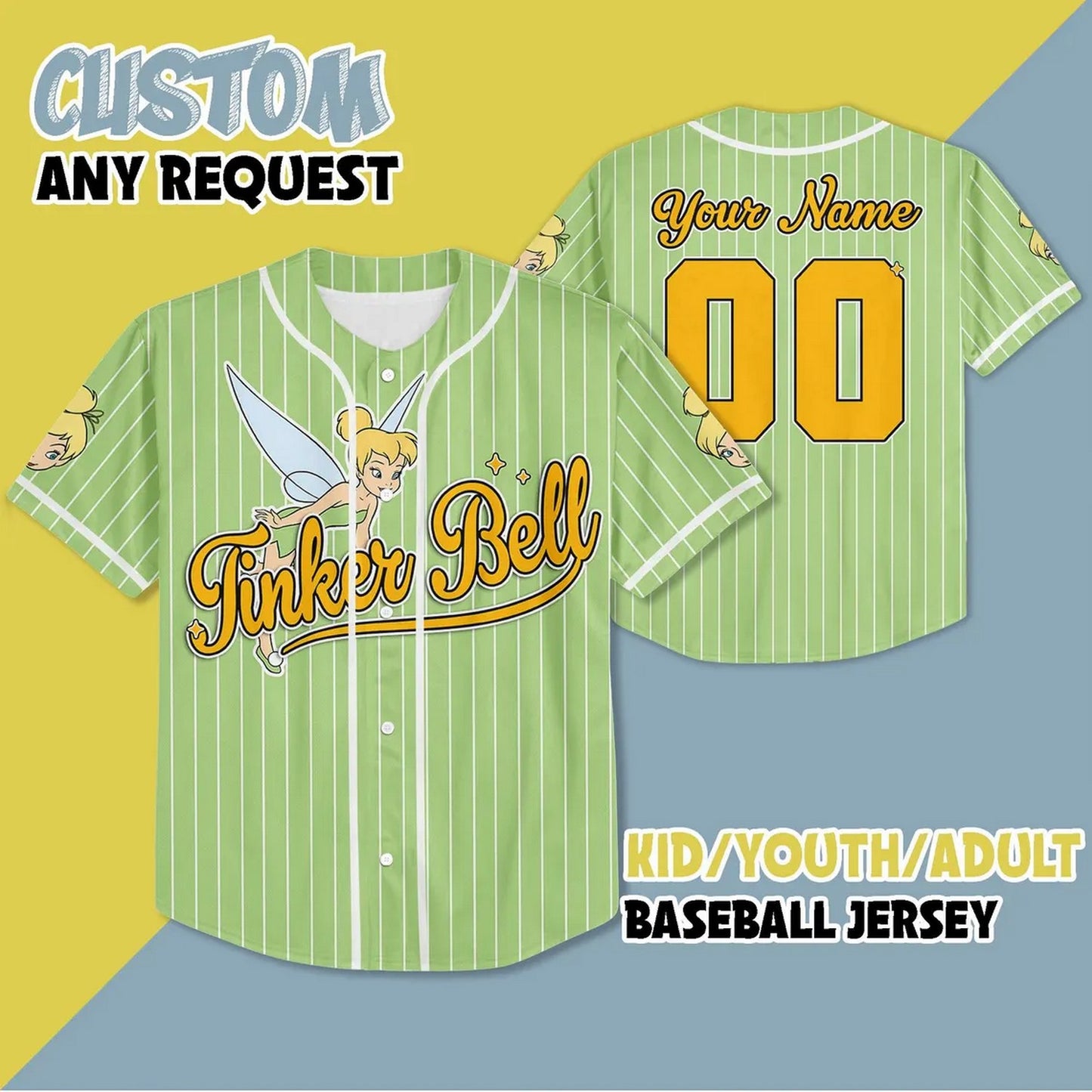 Custom Name And Number Tinker Bell Green Vertical Baseball Jersey T-Shirts, Hoodie, Sweatshirt | WearSparks.com (Image 2)