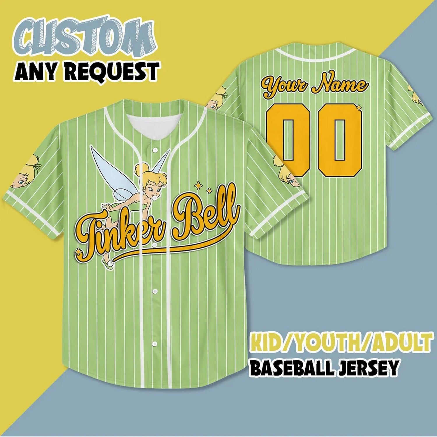Custom Name And Number Tinker Bell Green Vertical Baseball Jersey T-Shirts, Hoodie, Sweatshirt | WearSparks.com (Image 2)