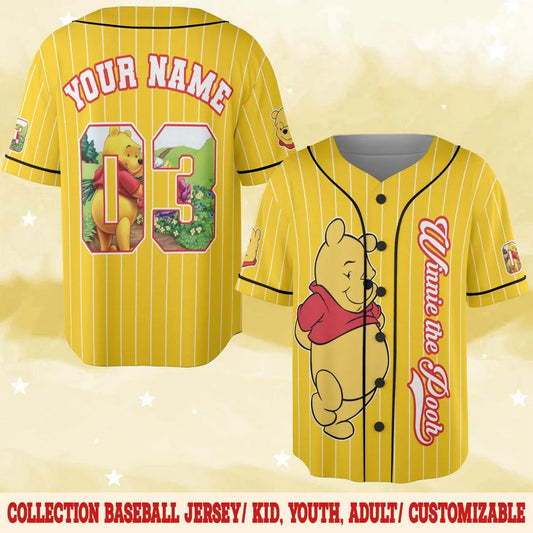 Custom Name And Number Winnie The Pooh Bear Yellow Baseball Jersey T-Shirts, Hoodie, Sweatshirt | WearSparks.com (Image 1)