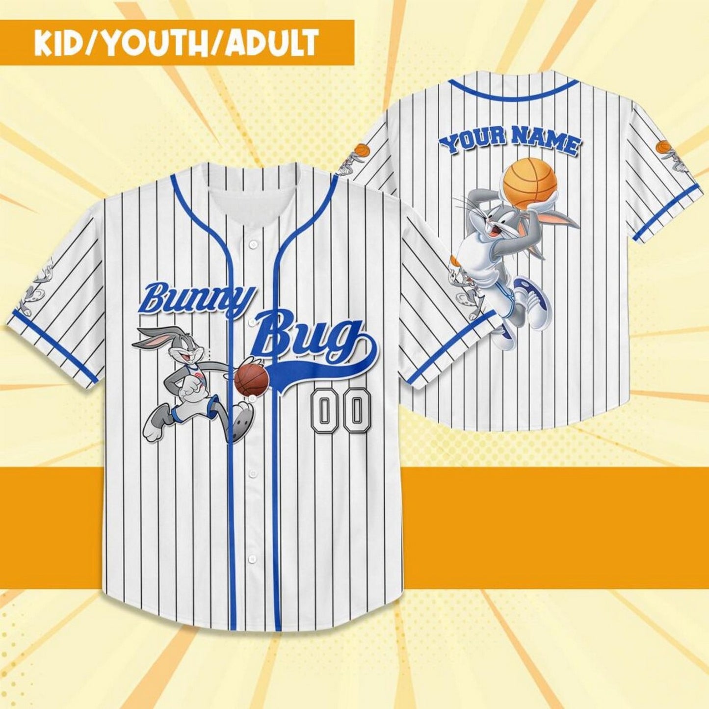 Custom Name Bunny Bug Baseball Jersey Blue White T-Shirts, Hoodie, Sweatshirt | WearSparks.com (Image 2)