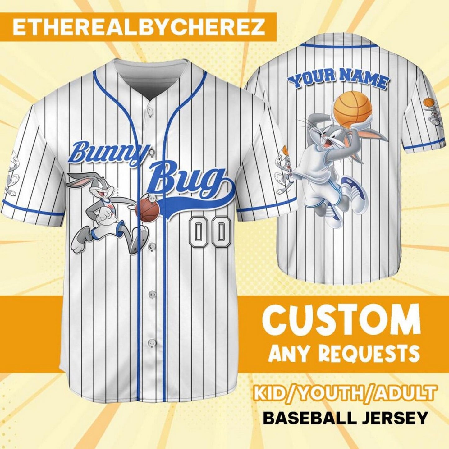 Custom Name Bunny Bug Baseball Jersey Blue White T-Shirts, Hoodie, Sweatshirt | WearSparks.com (Image 1)