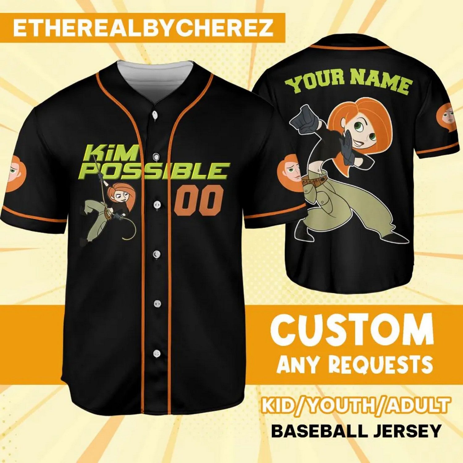 Custom Name Kim Possible Orange Black Baseball Jersey T-Shirts, Hoodie, Sweatshirt | WearSparks.com (Image 1)