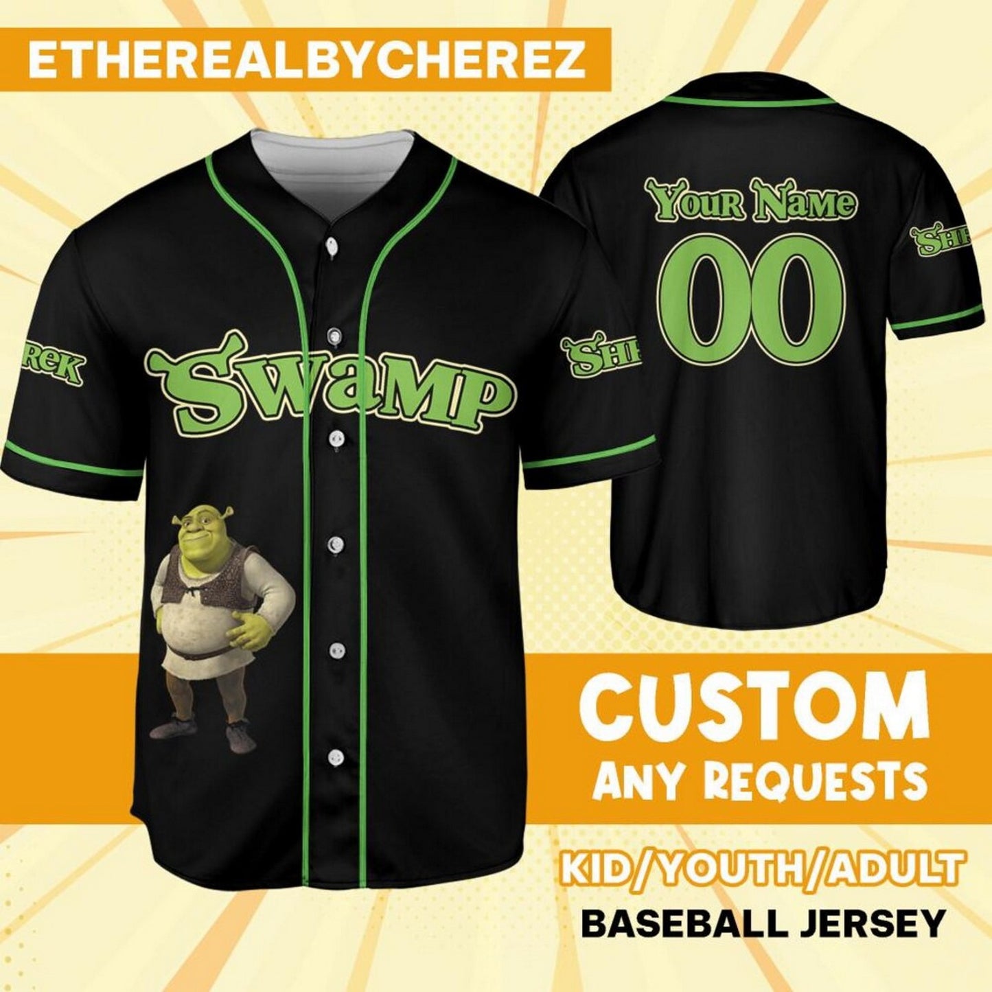 Custom Name Shrek Swamp Black Green Baseball Jersey T-Shirts, Hoodie, Sweatshirt | WearSparks.com (Image 1)