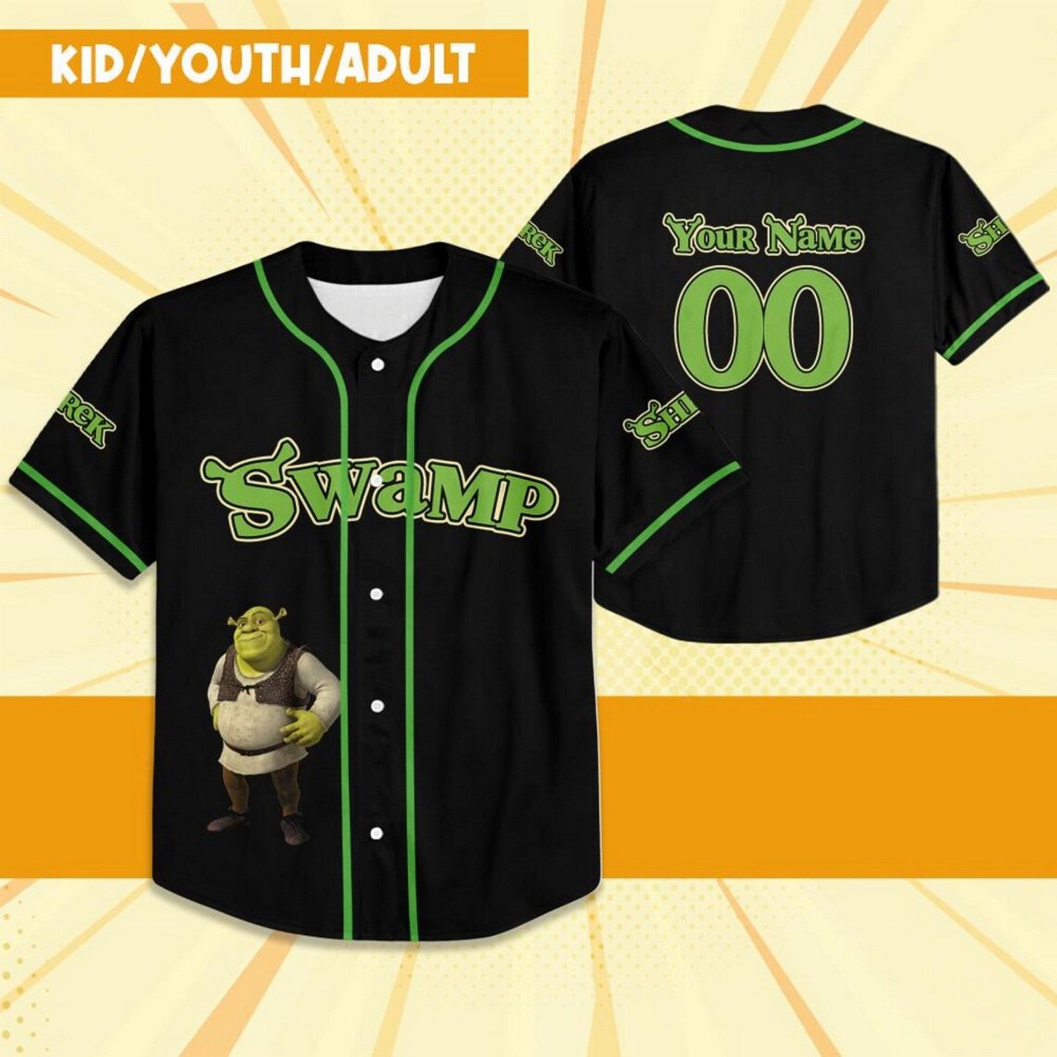 Custom Name Shrek Swamp Black Green Baseball Jersey T-Shirts, Hoodie, Sweatshirt | WearSparks.com (Image 2)