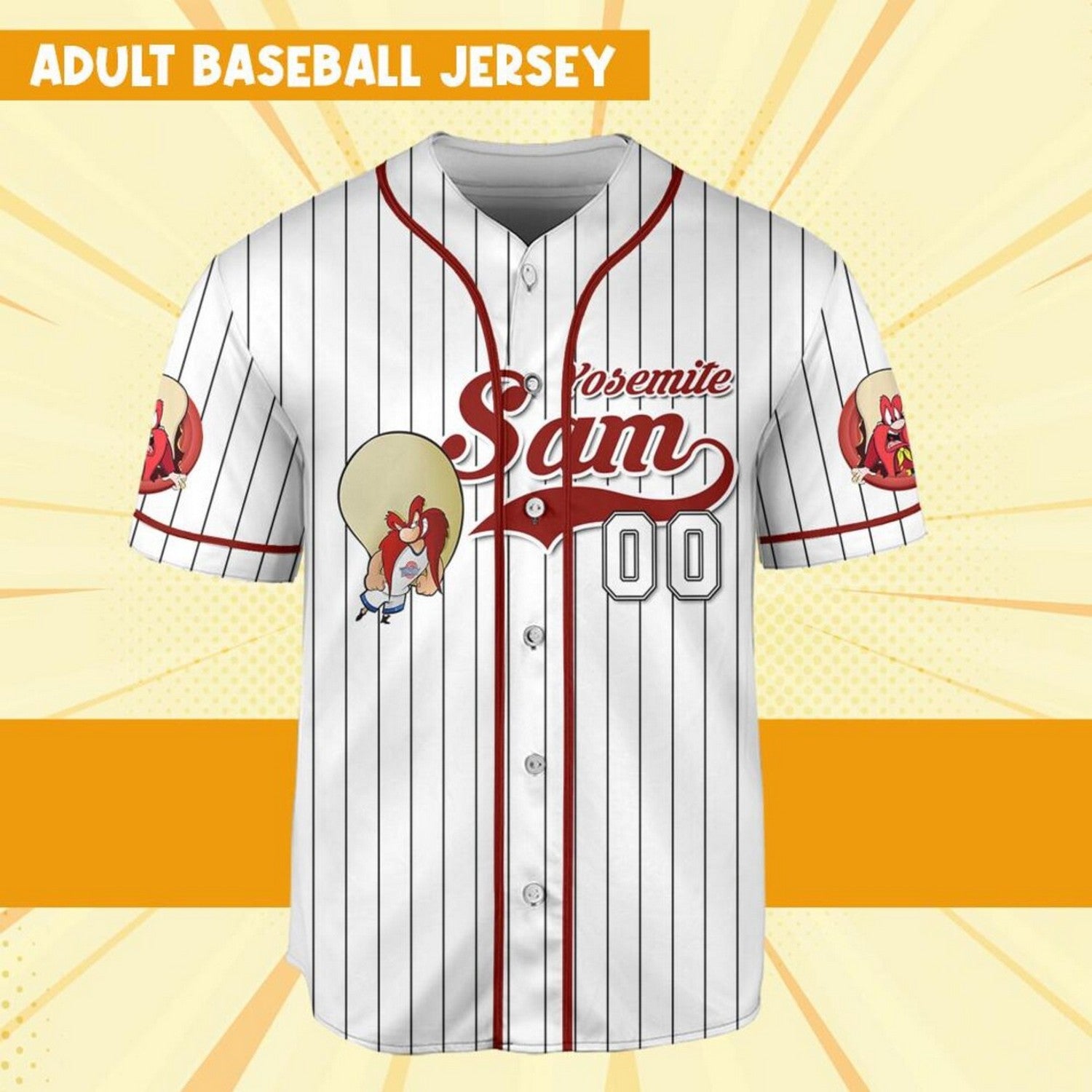 Custom Name Sporty Yosemite Sam Jersey Red White Baseball Jersey T-Shirts, Hoodie, Sweatshirt | WearSparks.com (Image 3)